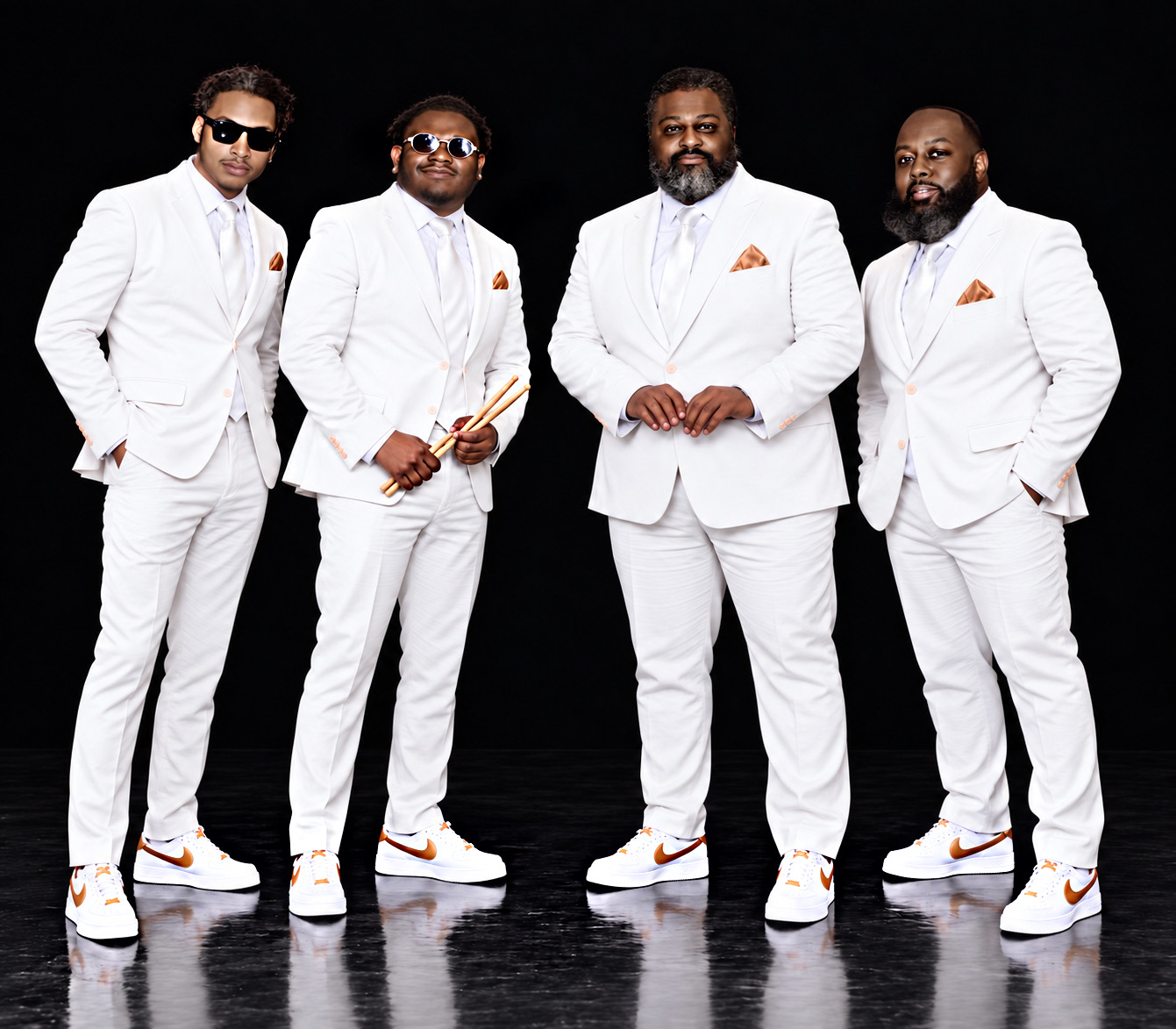 The Sound: Jeremiah, Cortelyou, Robert, and BJ in white suits, from left to right