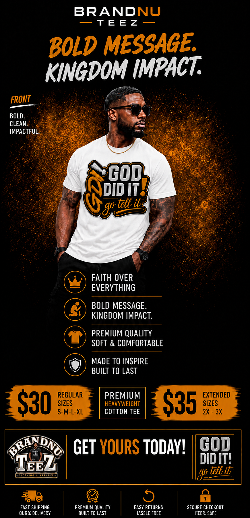Featured BrandNu Teez God Did It! go tell it white shirt modeled from the front