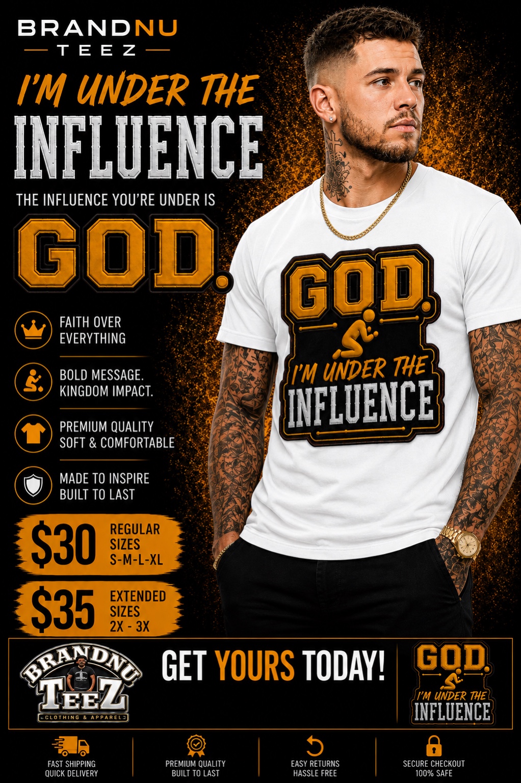 BrandNu Teez Under the Influence shirt design shown on a model